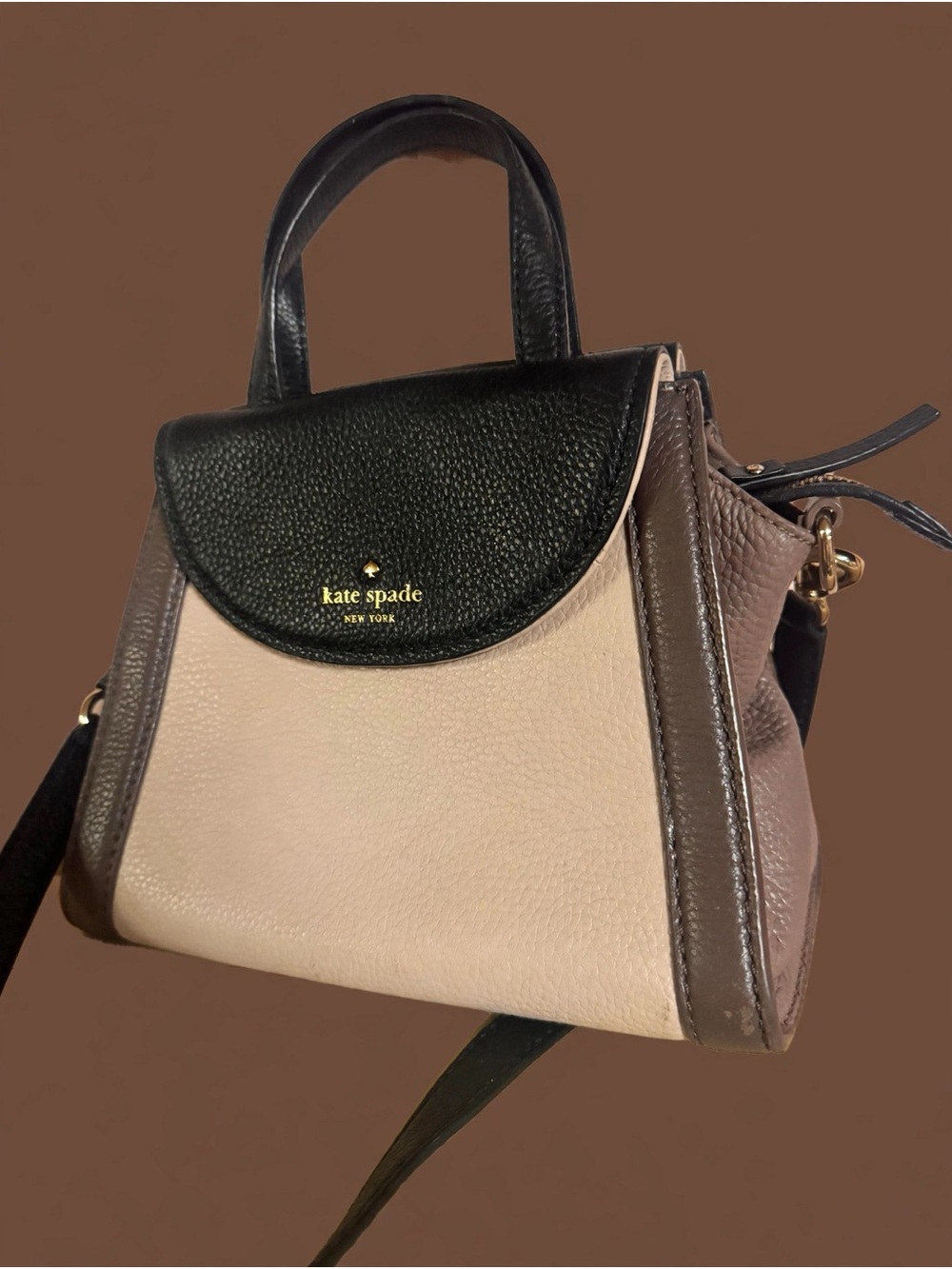 Kate Spade New York Colorblock Mini Top Handle Crossbody- black / beige / taupe.